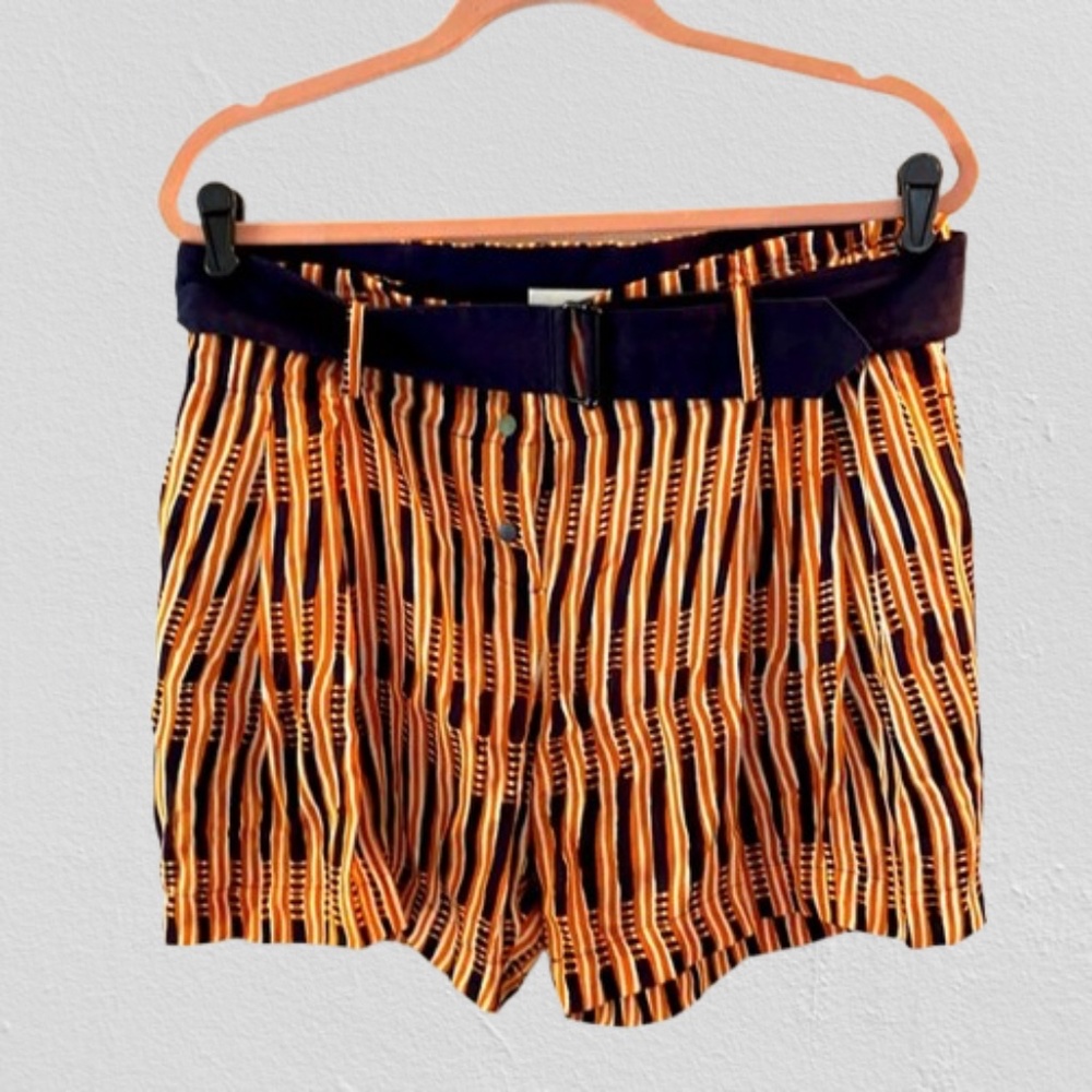 A.L.C. 2014 Orange Navy Striped Silk Shorts Oxford w/ Belt Snaps Women's Large